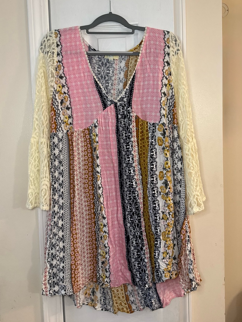 Kori America Boho Patchwork Lace Sleeve Babydoll Dress Women’s Large